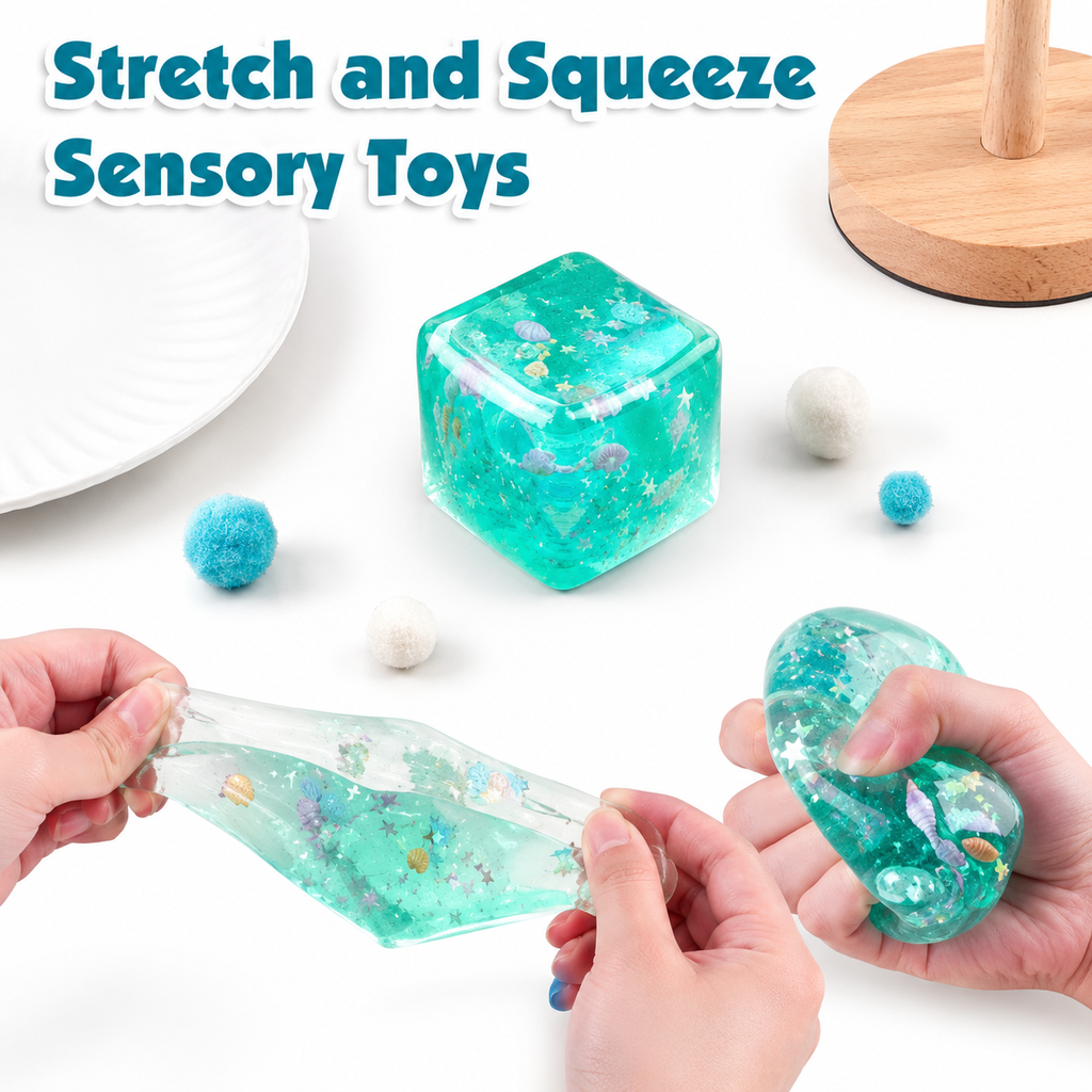 Ocean Glitter Squishy Cube Stress Toy – Stretchy Sensory Fidget Squeeze Ball