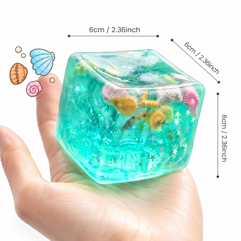 Ocean Glitter Squishy Cube Stress Toy – Stretchy Sensory Fidget Squeeze Ball